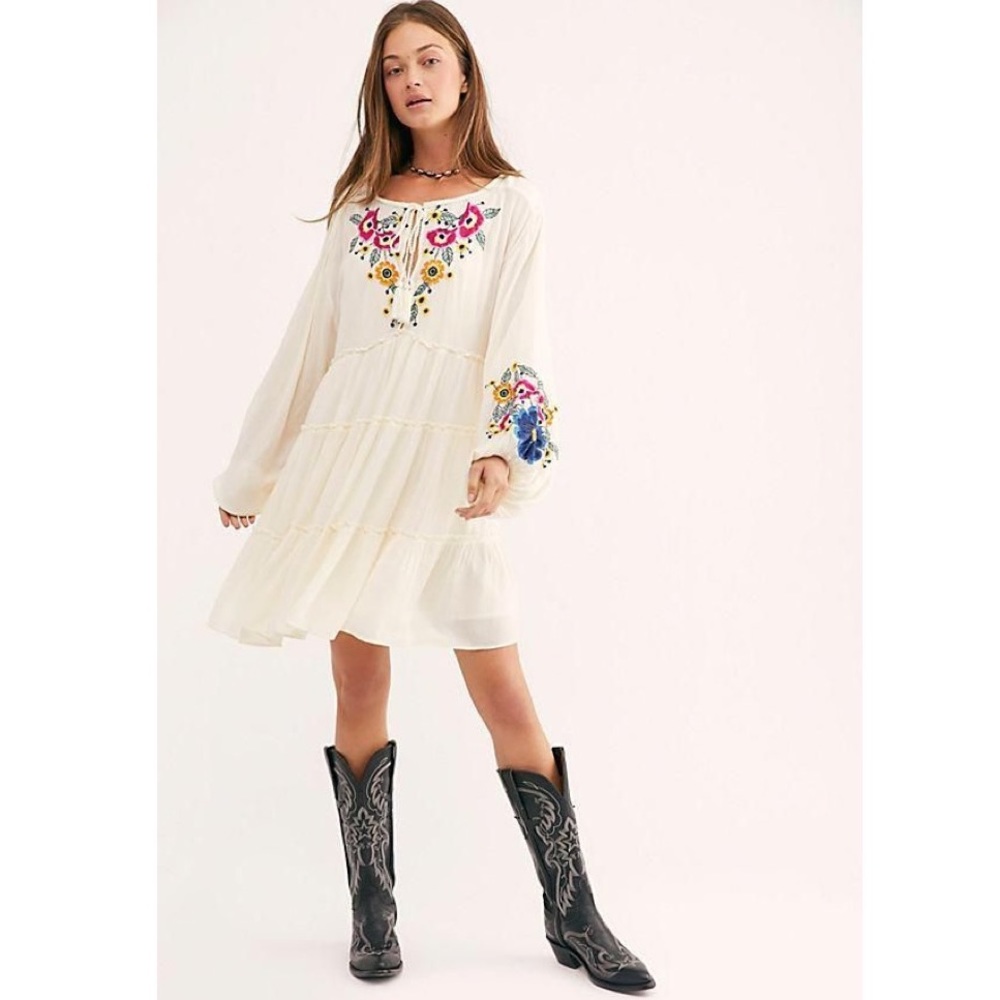Free People Floral Embroidered Peasant Dress